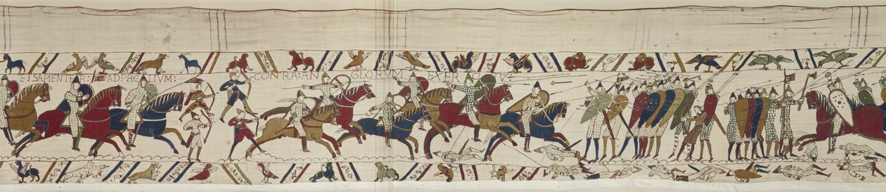 Normanin ratsuväki hyökkää Englannin kilpi-muuria vastaan ja taistelu liittyy, Bayeux Tapestry tekijältä Unbekannt Unbekannt