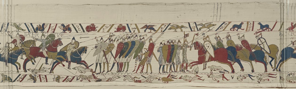 Normanin ratsuväki hyökkää Englannin kilpi-muuria vastaan ja taistelu liittyy, Bayeux Tapestry tekijältä Unbekannt Unbekannt