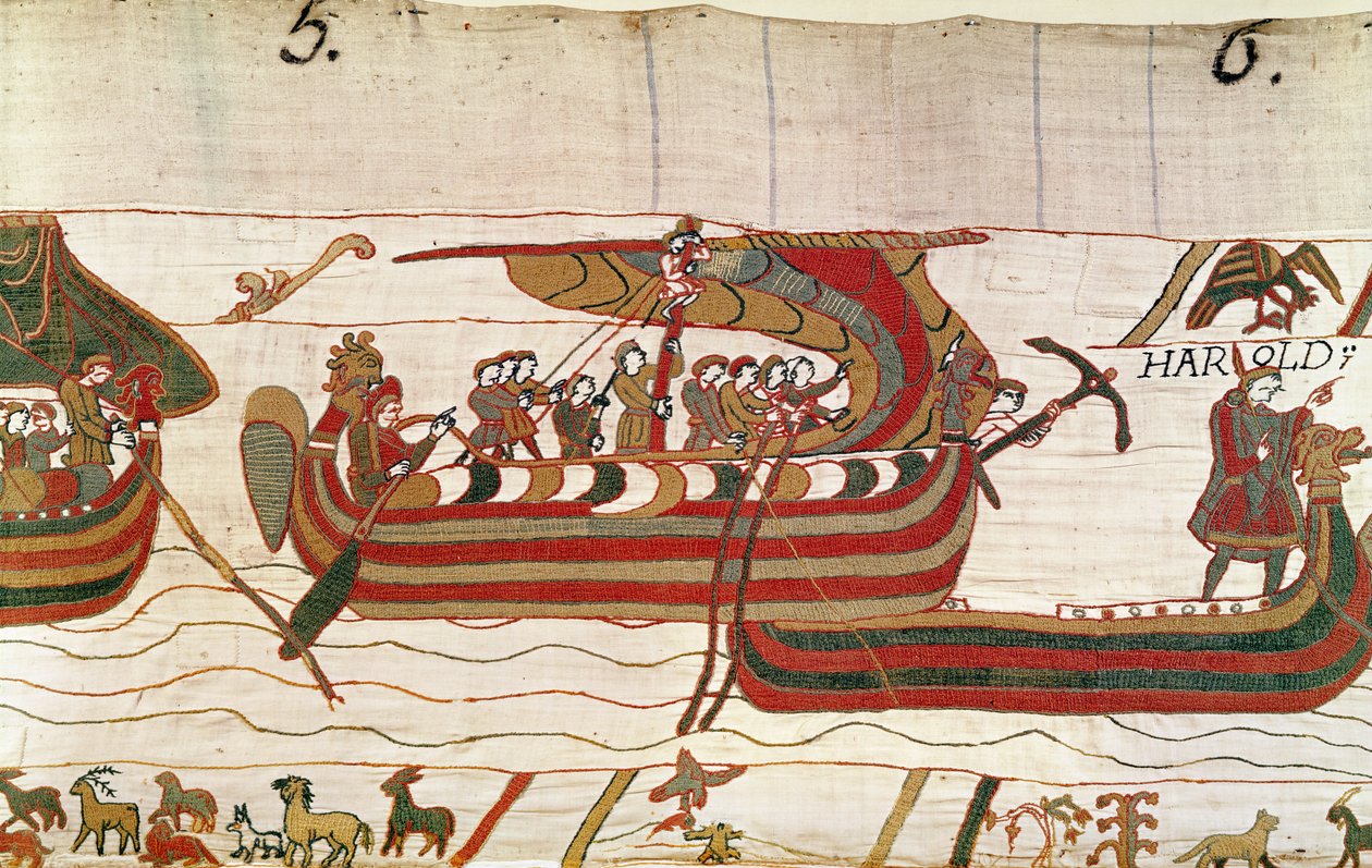 Tuulet puhaltavat laivoja kohti Ponthieun kreivi Guy, Bayeux Tapestry tekijältä Unbekannt Unbekannt