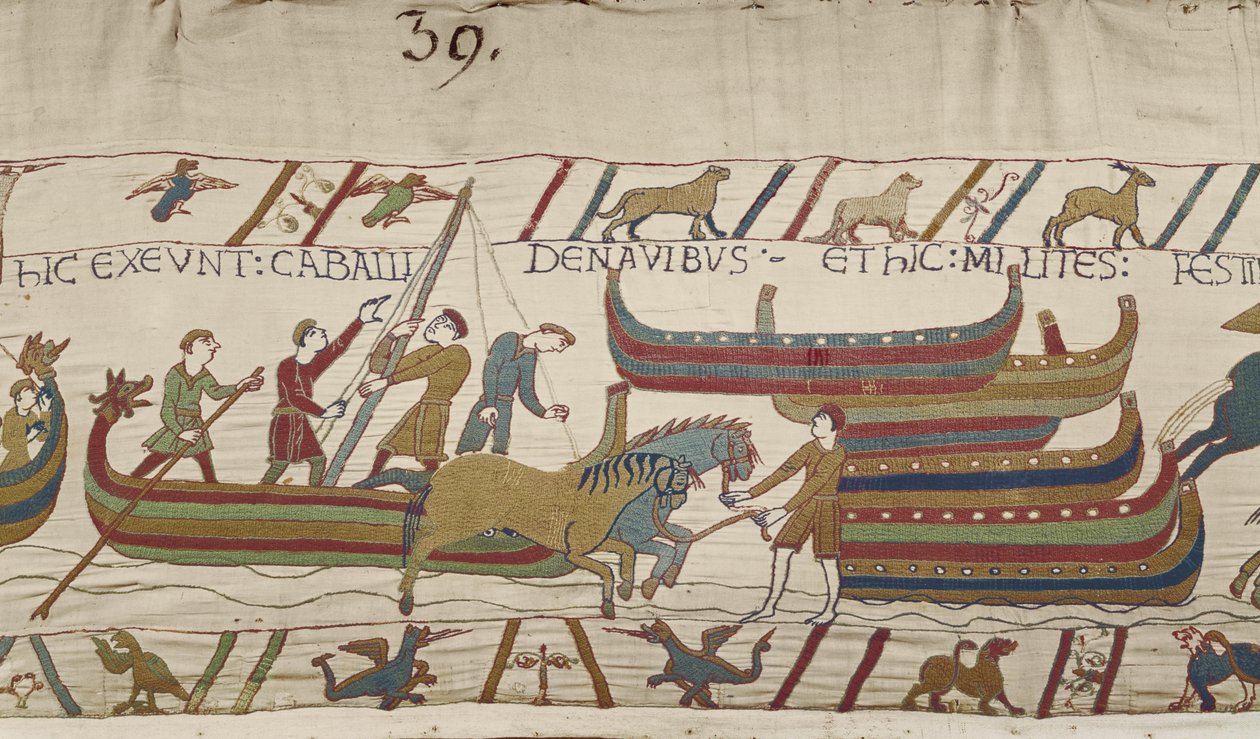 Hevosten purkaminen Normanin laivoilta, Bayeux Tapestry tekijältä Unbekannt Unbekannt
