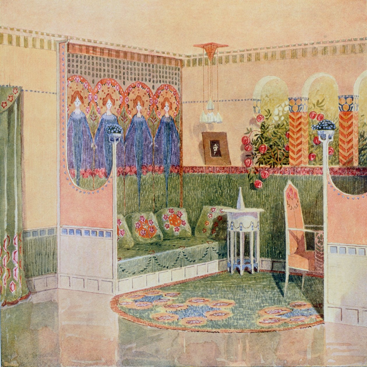 Buduaari, arkkitehtitoimisto Gesellius, Lindgren & Saarinen suunnittelemasta huvilasta Helsingistä, "Documents d"Art Moderne", 1903 tekijältä Unbekannt Unbekannt