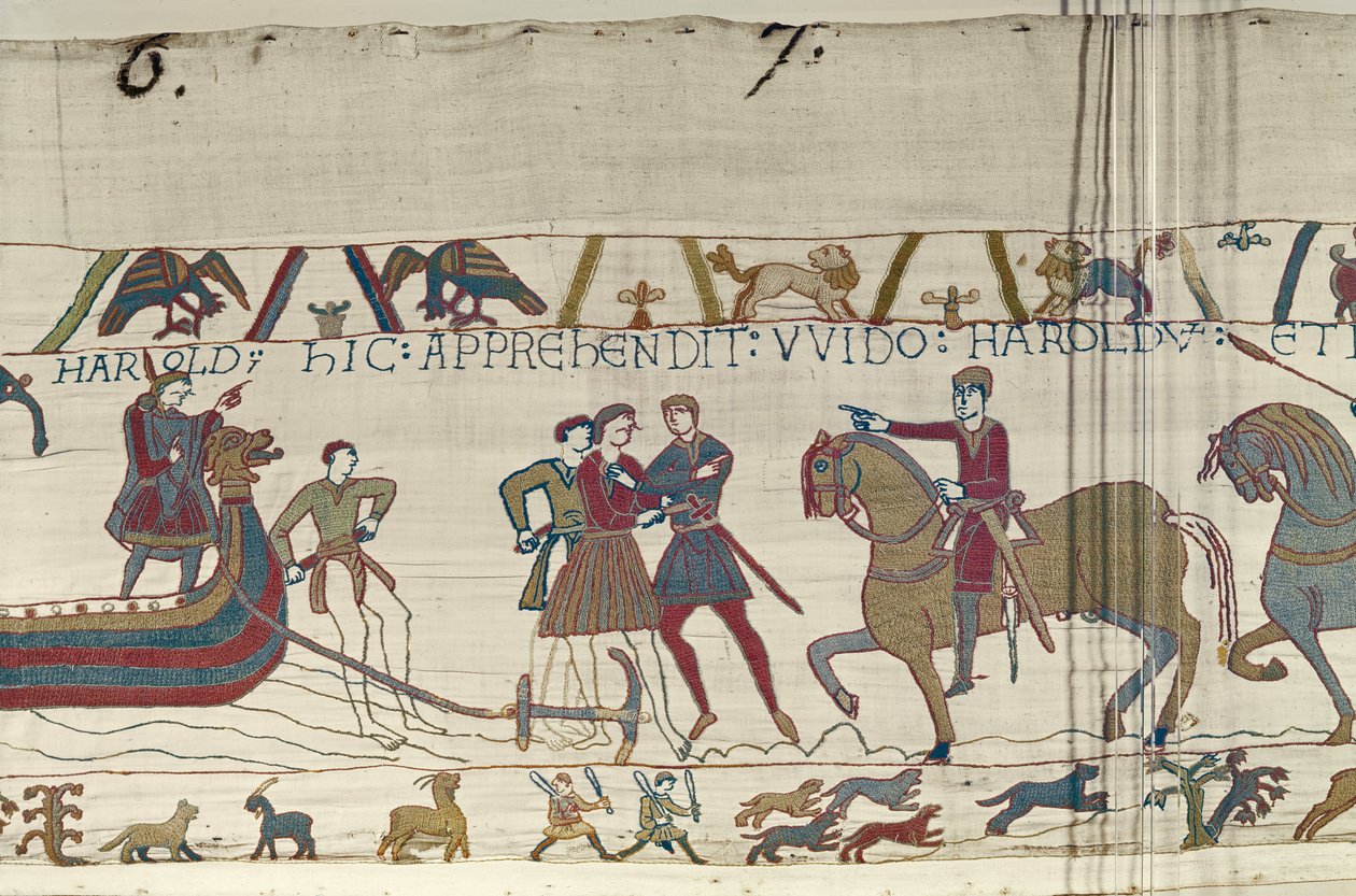 Ponthieun kreivi Guy vangitsee Haroldin hänen laskeutuessaan Normandiaan, Bayeux Tapestry tekijältä Unbekannt Unbekannt