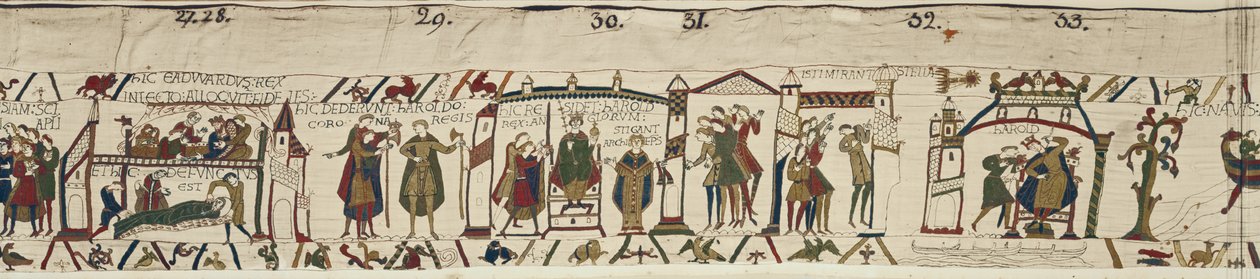 Edward Rippinantajan kuolema ja Haroldin kruunaus, mutta pahaenteinen tähti ilmestyy, Bayeux Tapestry tekijältä Unbekannt Unbekannt