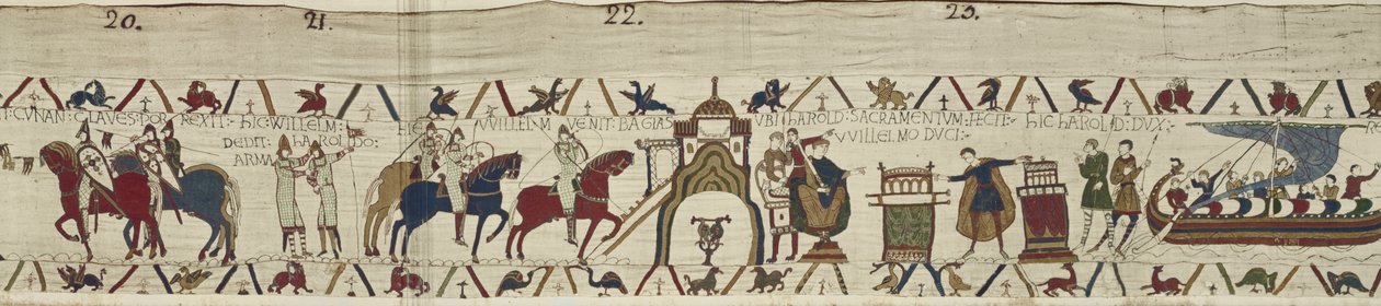 Herttua William ottaa vastaan Dinanin avaimet ja antaa aseet Haroldille, joka vannoo uskollisuutta Williamille Bayeux