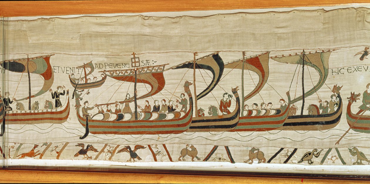 Duke William ja Normanin hyökkäyslaivasto ylittävät kanavan, Bayeux Tapestry tekijältä Unbekannt Unbekannt
