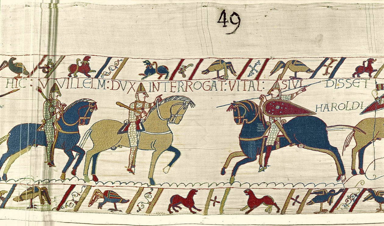 Duke William kysyy Vitalilta, onko hän nähnyt Haroldin armeijaa, Bayeux Tapestryä tekijältä Unbekannt Unbekannt