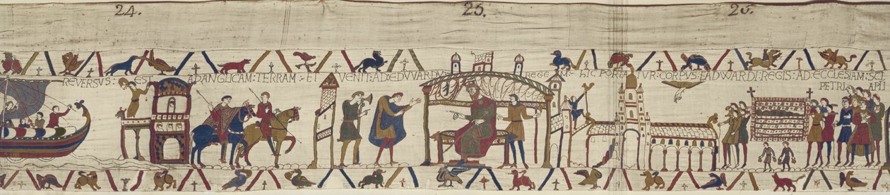 Earl Harold palaa Englantiin ja vierailee kuningas Edward tunnustajan luona, jonka ruumis kuljetetaan Pyhän Pietarin kirkkoon, Bayeux Tapestry tekijältä Unbekannt Unbekannt