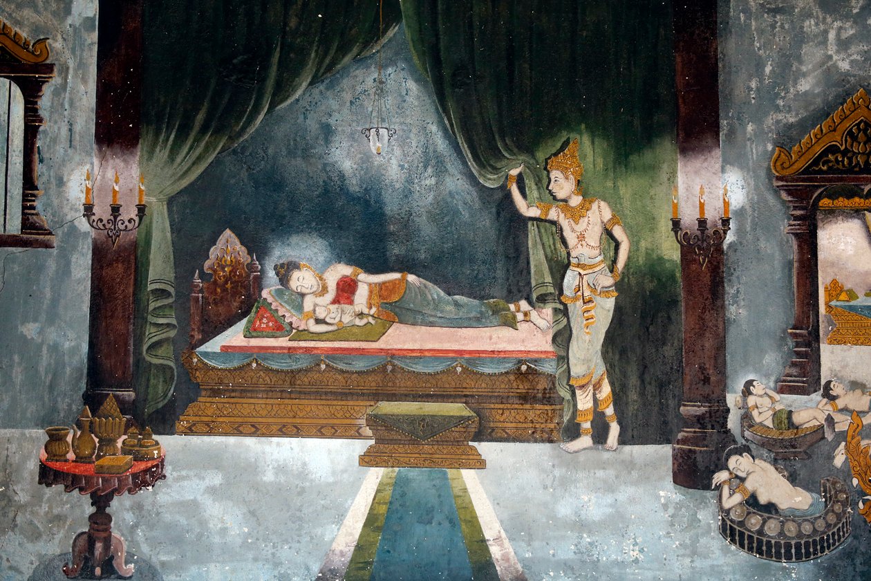 Fresko, joka kuvaa kohtausta Buddhan elämästä Wat Phra Doi Suthepissa Chiang Maissa. Buddha prinssi Siddharta jättää vaimonsa ja lapsensa. Thaimaa tekijältä Unbekannt Unbekannt