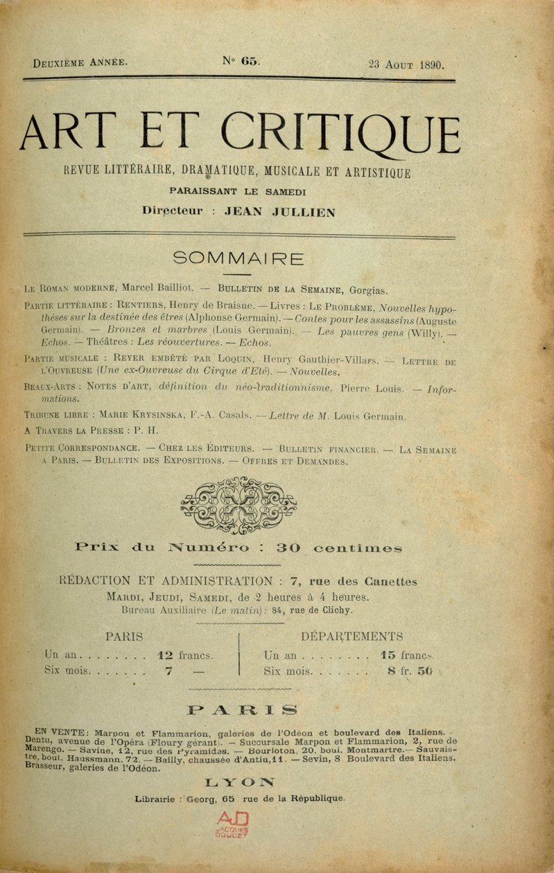 "Art et Critique" -lehden etusivu, 23. elokuuta 1890 tekijältä Unbekannt Unbekannt