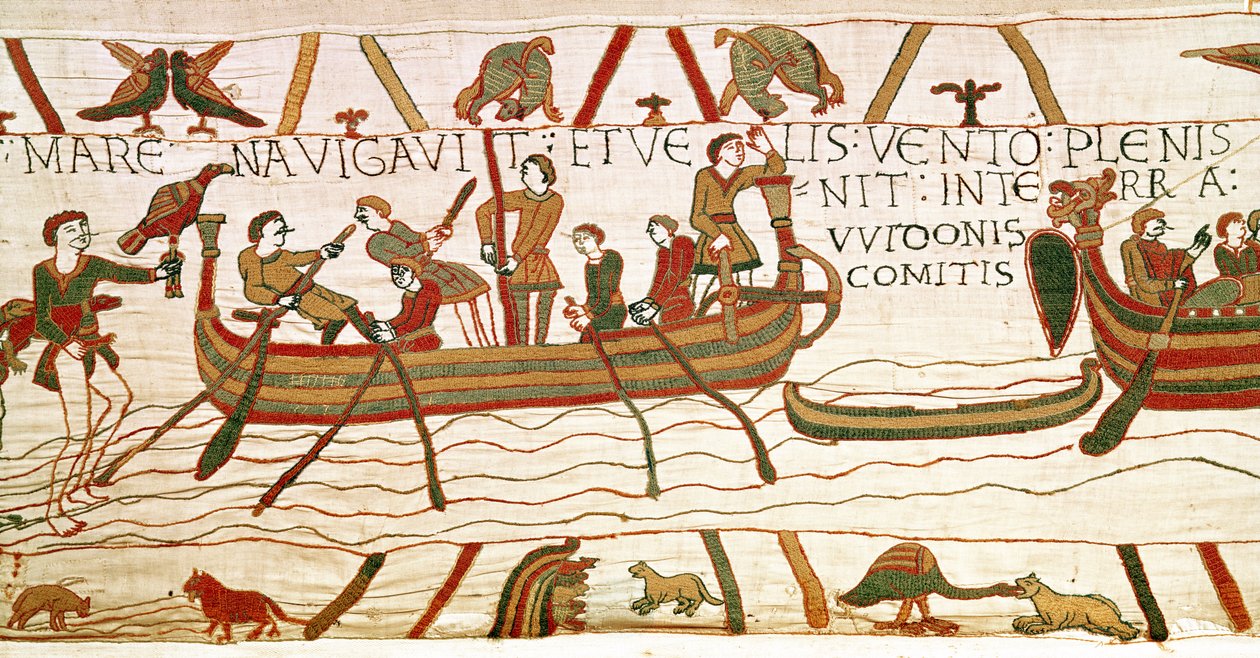 Harold ylittää Englannin kanaalin Ponthieun kreivi Guyn alueelle, Bayeux Tapestry tekijältä Unbekannt Unbekannt