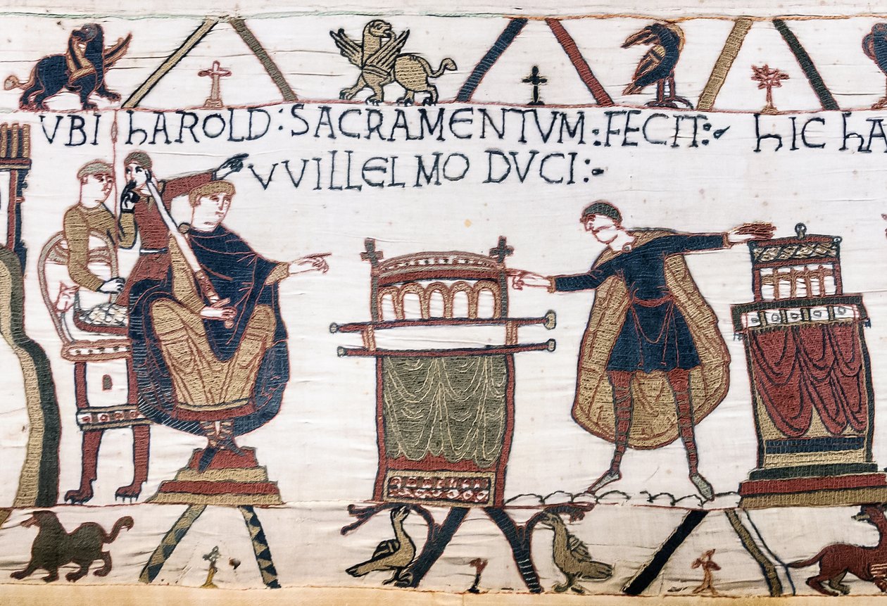 Harold vannoo pyhän valan Williamille Bayeux