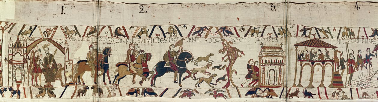 Kuningas Edward Tunnustaja lähettää Haroldin miehineen Normandiaan, Bayeux Tapestryyn tekijältä Unbekannt Unbekannt