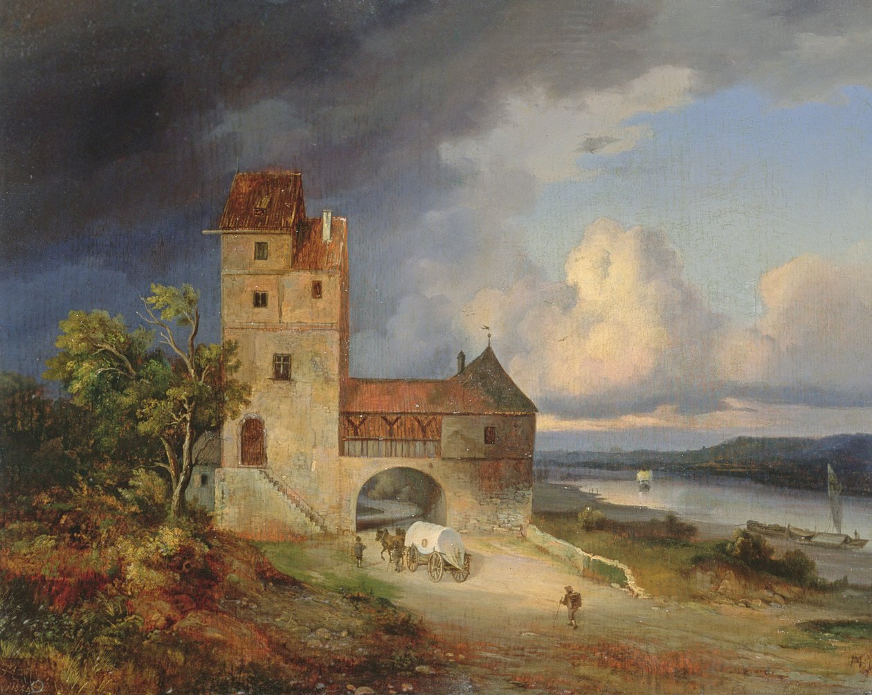 Maisema joen varrella, torni ja portti, 1844 tekijältä Unbekannt Unbekannt