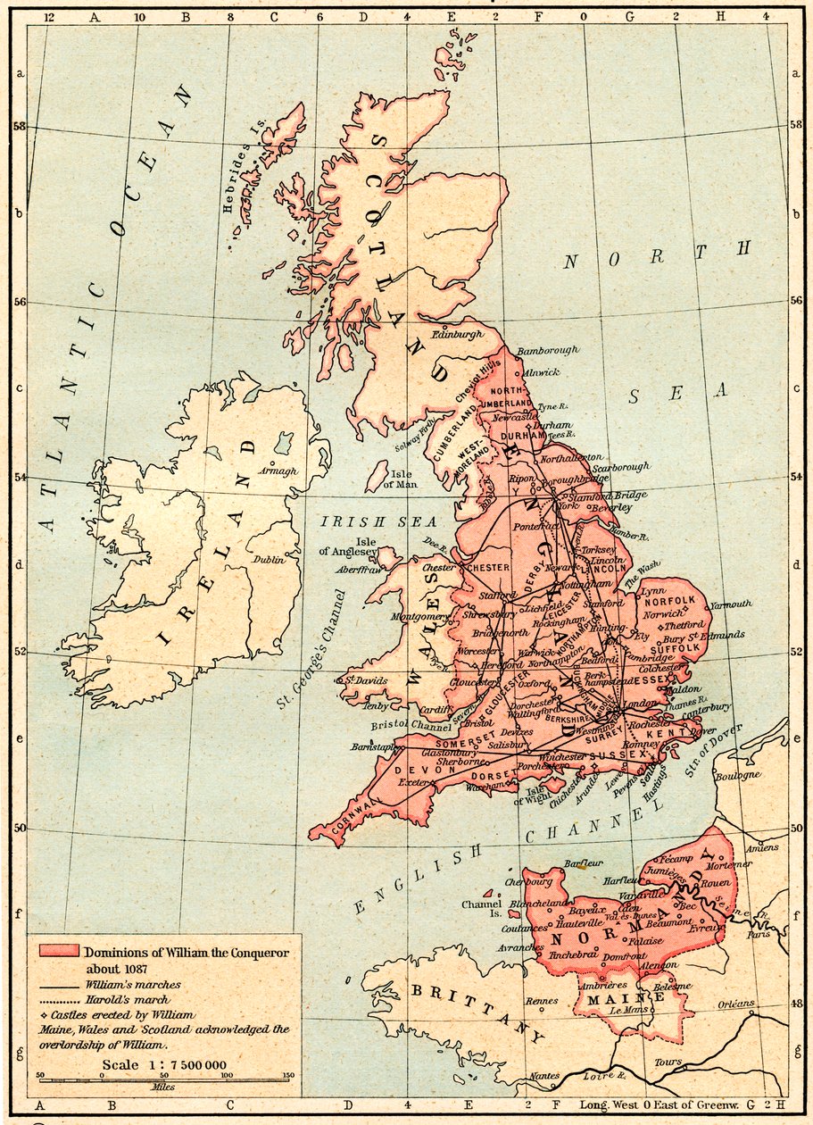 Ison-Britannian kartta, jossa näkyvät William Valloittajan valtakunnat, n. 1087, Historical Atlasista, julkaistu 1923 tekijältä Unbekannt Unbekannt