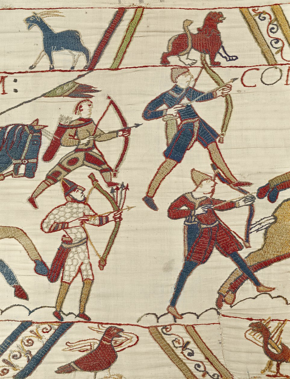 Normannijousimiehet valmistautuvat taisteluun Englannin armeijaa vastaan, Bayeux Tapestry tekijältä Unbekannt Unbekannt