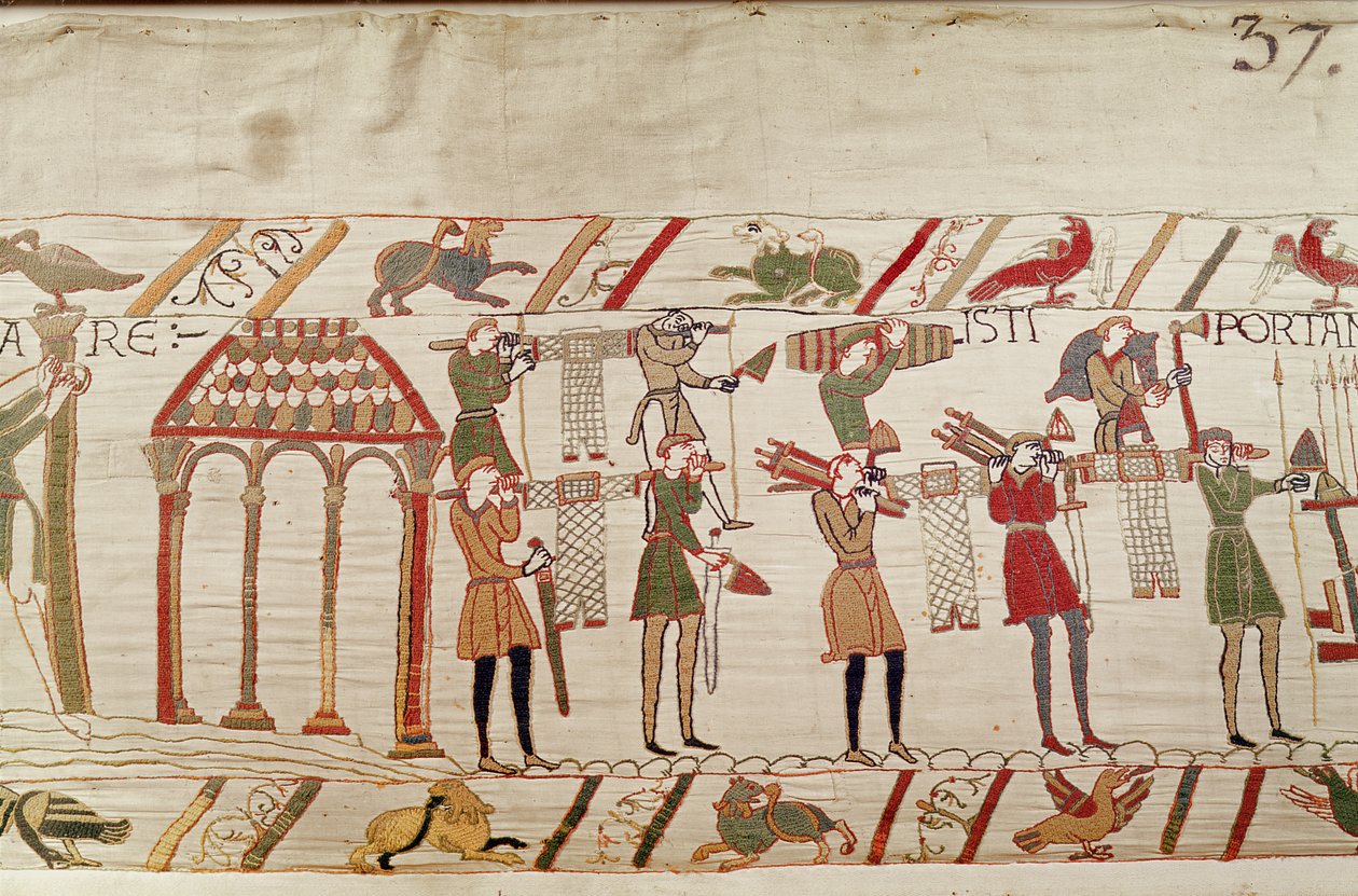 Normanit kantavat aseita laivoille, Bayeux Tapestry tekijältä Unbekannt Unbekannt
