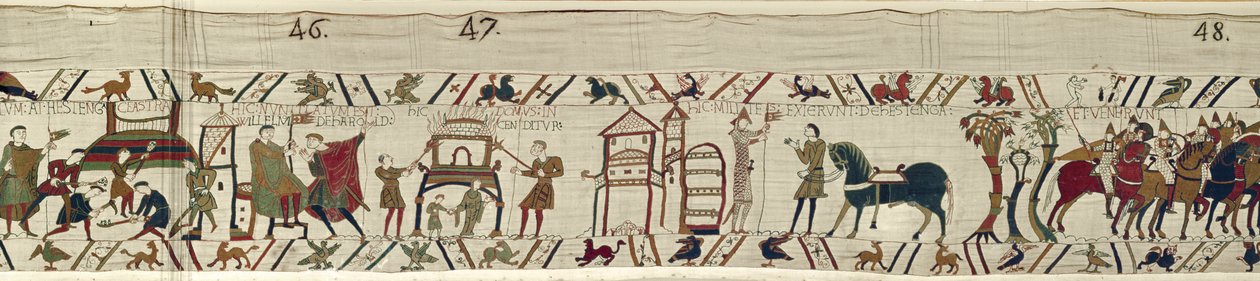 Normanit rakentavat linnoituksia Hastingsiin ja kuultuaan uutisia Haroldista lähtevät taisteluun, Bayeux Tapestry tekijältä Unbekannt Unbekannt