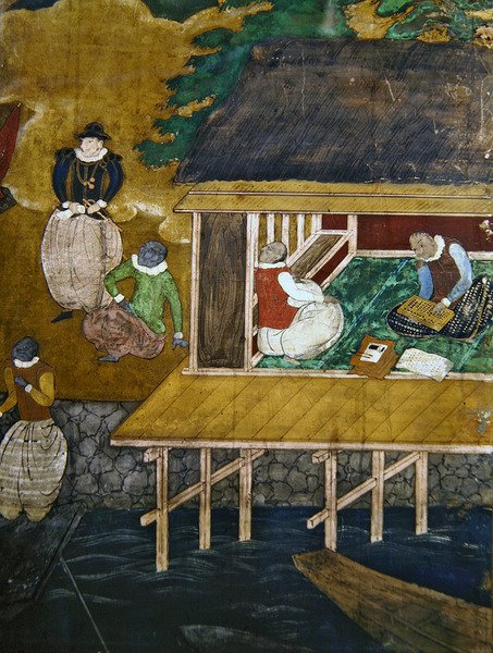 Portugalilaisten saapuminen Japaniin, yksityiskohta talosta paalujen varassa, Namban Byobu -näytöstä, 1594-1618 tekijältä Unbekannt Unbekannt