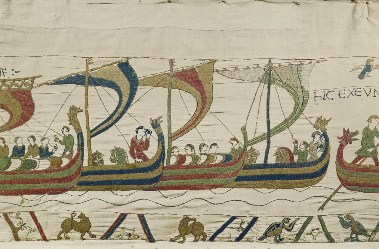 Normanin hyökkäyslaivasto ylittää kanavan, Bayeux Tapestry tekijältä Unbekannt Unbekannt