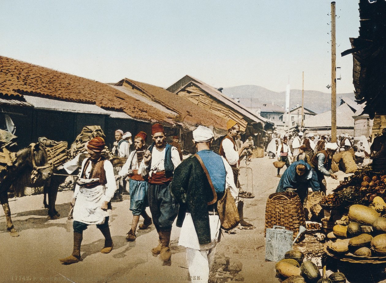 Vanha kauppatori, Sarajevo Itävalta-Unkarin valtakunnan aikana, n. 1900-1910 tekijältä Unbekannt Unbekannt