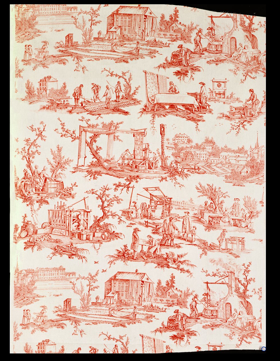 Toile de Jouy, havainnollistaa puuvillan valmistusprosesseja, suunnittelija Christophe Huet, ranska, 1783 tekijältä Unbekannt Unbekannt