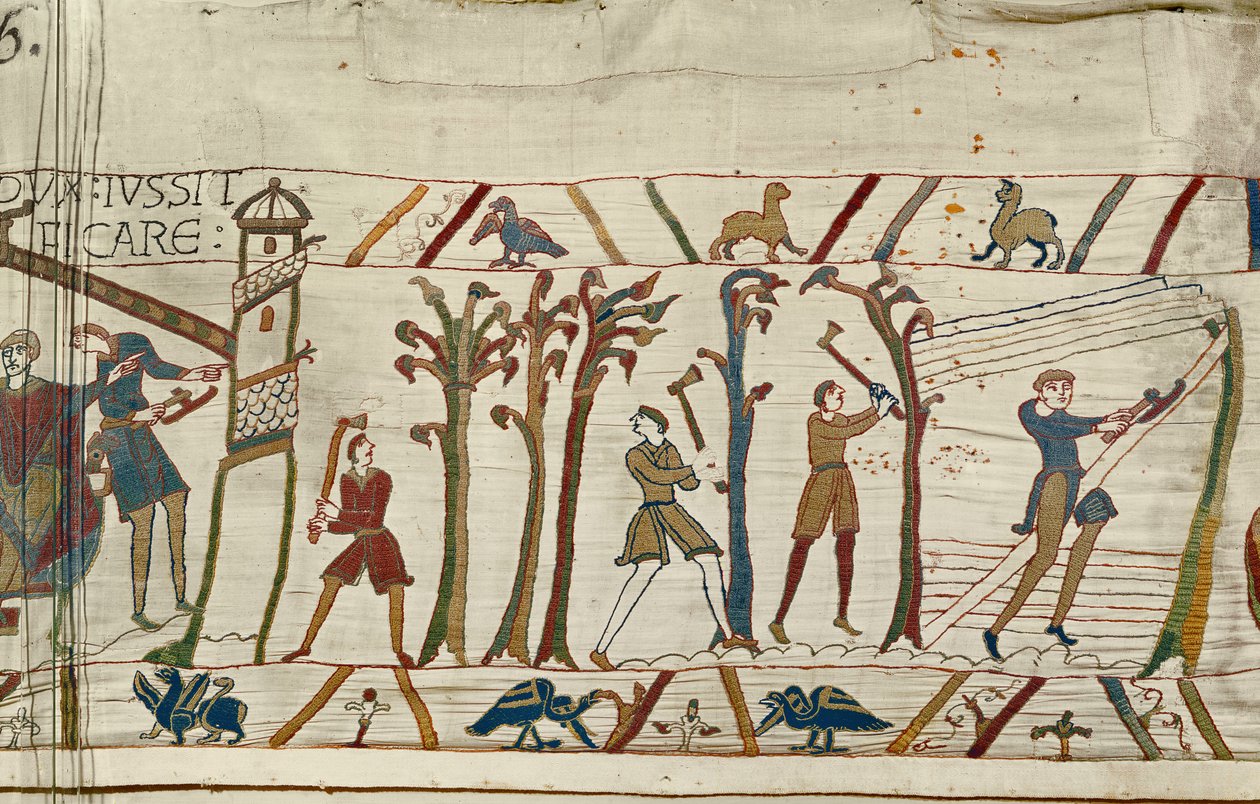 Puita kaadetaan laivojen rakentamiseksi Normanin laivastolle, Bayeux Tapestrylle tekijältä Unbekannt Unbekannt