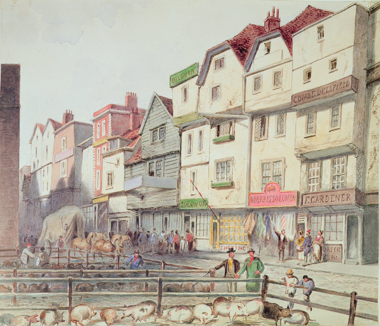Näkymä Long Lanelle, sikoja karsinoissa osassa Old Smithfield Marketia, 1844 tekijältä Unbekannt Unbekannt