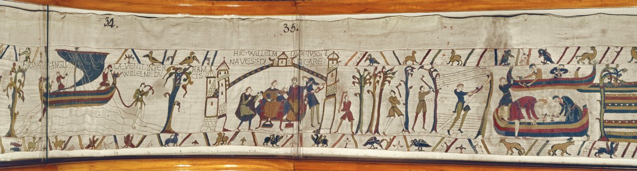 Kun herttua William kuulee Haroldin kruunauksesta, hän käskee rakentaa aluksia hyökkäystä varten, Bayeux Tapestry tekijältä Unbekannt Unbekannt