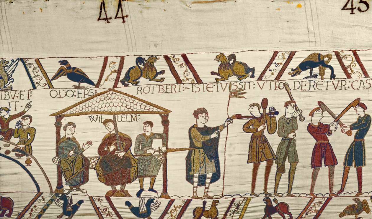 William käskee yhdessä Robert de Mortainin ja piispa Odon kanssa linnoituksia rakentaa Hastingsiin, Bayeux Tapestryyn tekijältä Unbekannt Unbekannt