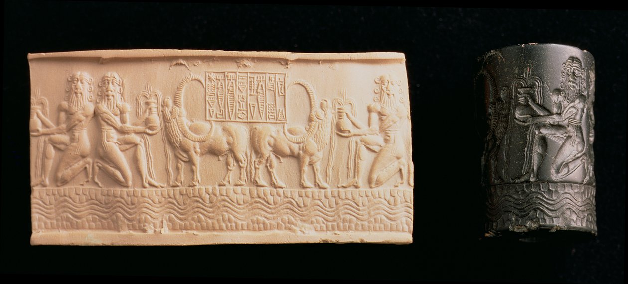 00326 Akkadin kuninkaan Shar-kali-sharrin sylinterisinetti, Mesopotamia, n. 2340-2100 eKr. (musta marmori) tekijältä Unbekannt