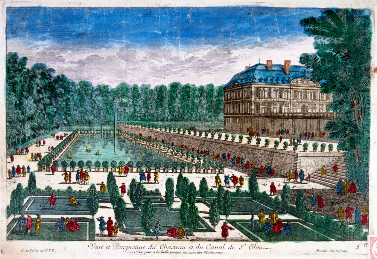 1700-luvun kuvitus, joka esittää Château de Saint-Cloudin palatsia Ranskassa, Saint-Cloudissa Hauts-de-Seinessä, Pariisin länsipuolella. Orléansin herttua Phillipe Ranskan laajennutti linnaa 1600-luvulla, ja Marie Antoinet laajensi sitä lopulta. tekijältä Unbekannter Künstler