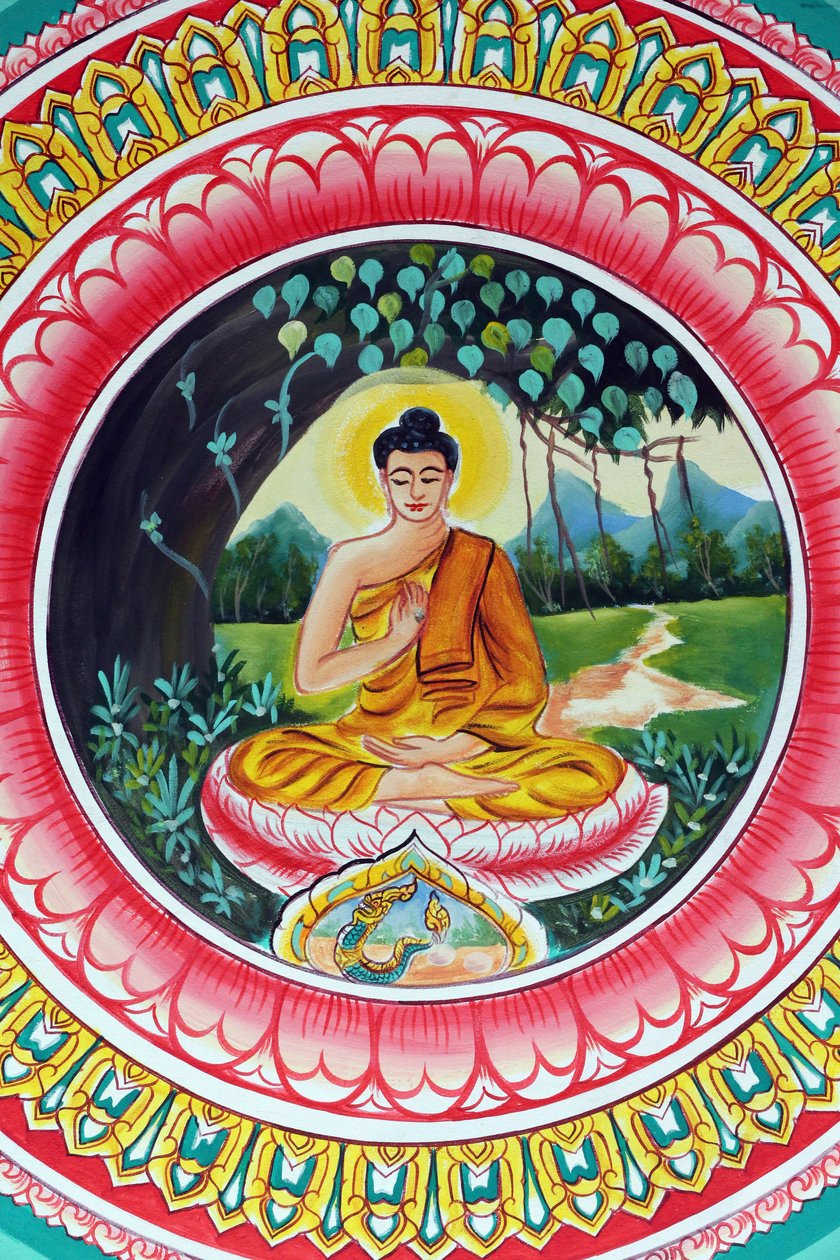 20151029, Vientiane, Laos : Wat Inpengin buddhalainen temppeli. Shakyamuni Buddhan elämäntarinaa kuvaava maalaus. Opetusbuddha kuvaa tiettyä hetkeä Buddhan elämässä, nimittäin ensimmäistä saarnaa, jonka Buddha piti saavutettuaan valaistumisen tekijältä Unbekannt
