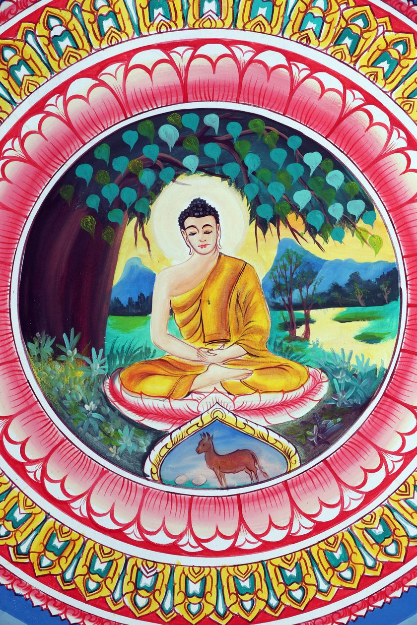 20151029, Vientiane, Laos : Wat Inpengin buddhalainen temppeli. Shakyamuni Buddhan elämäntarinaa kuvaava maalaus. Buddha istuu meditaatioasennossa tekijältä Unbekannt