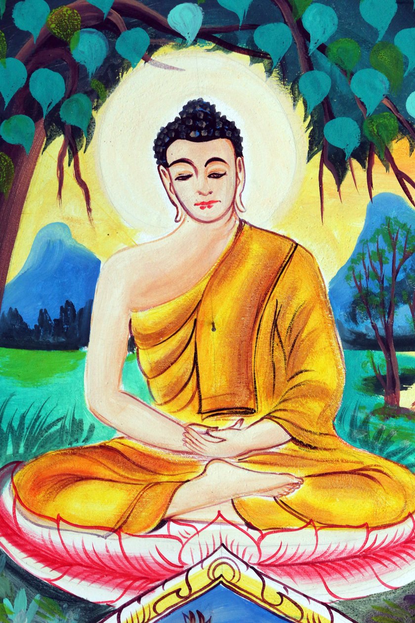 20151029, Vientiane, Laos : Wat Inpengin buddhalainen temppeli. Shakyamuni Buddhan elämäntarinaa kuvaava maalaus. Buddha istuu meditaatioasennossa tekijältä Unbekannt