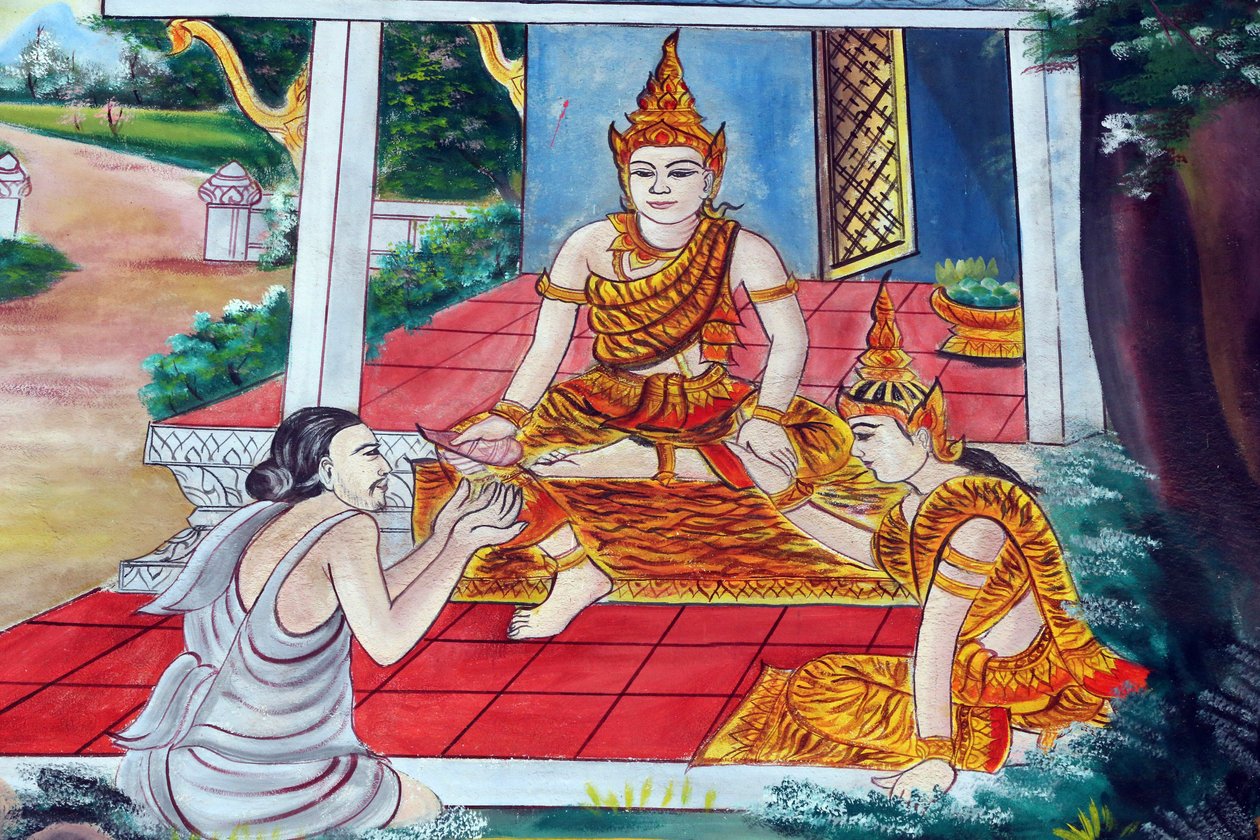 20151029, Vientiane, Laos : Wat Inpengin buddhalainen temppeli. Jataka-tarinat ovat kertomuksia Buddhan edellisistä elämistä (eli ennen kuin hän syntyi viimeisen kerran Buddhaksi) tekijältä Unbekannt