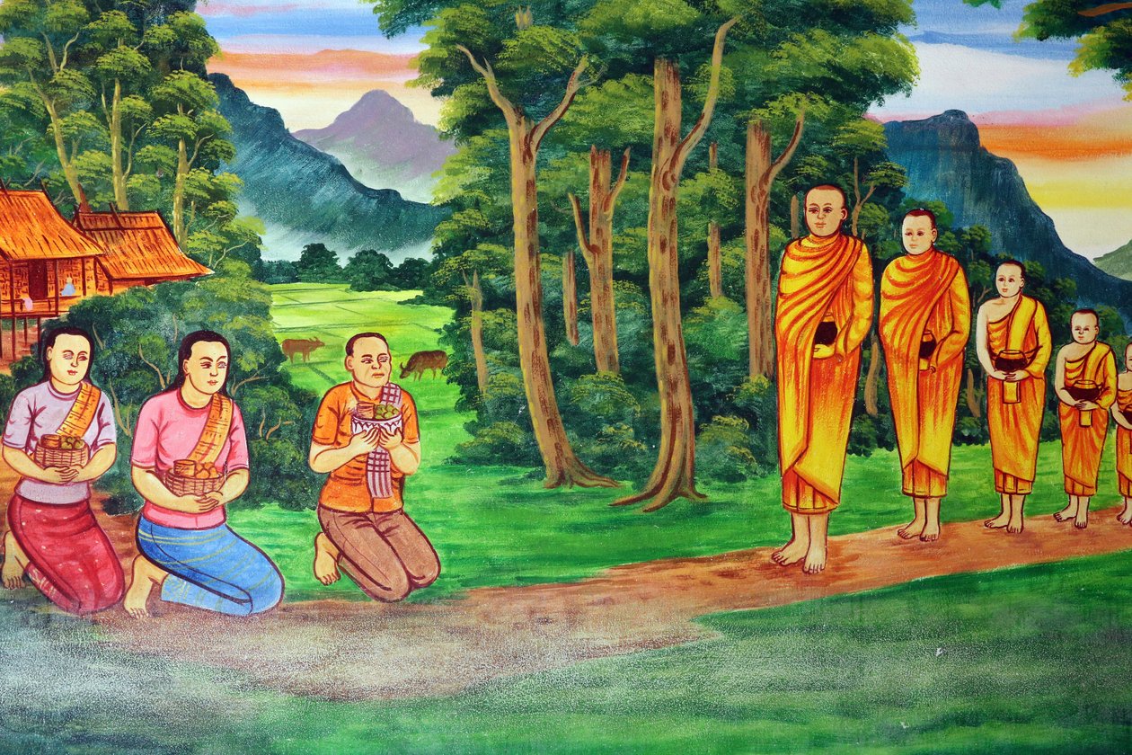 20151029, Vientiane, Laos : Wat Si Muang (Simuong) buddhalainen temppeli. Shakyamuni Buddhan elämäntarinaa kuvaava maalaus tekijältä Unbekannt