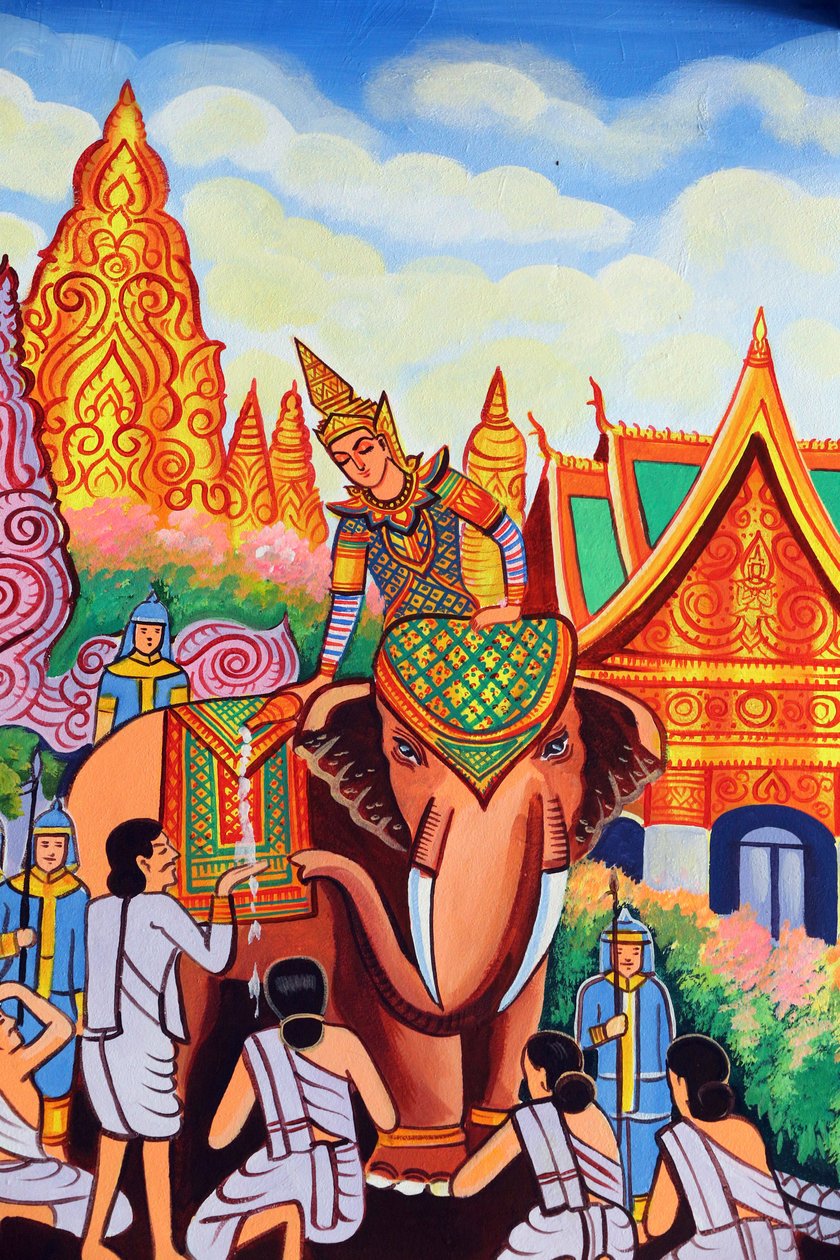 20151029, Vientiane, Laos : Wat Si Muang (Simuong) buddhalainen temppeli. Shakyamuni Buddhan elämäntarinaa kuvaava maalaus tekijältä Unbekannt