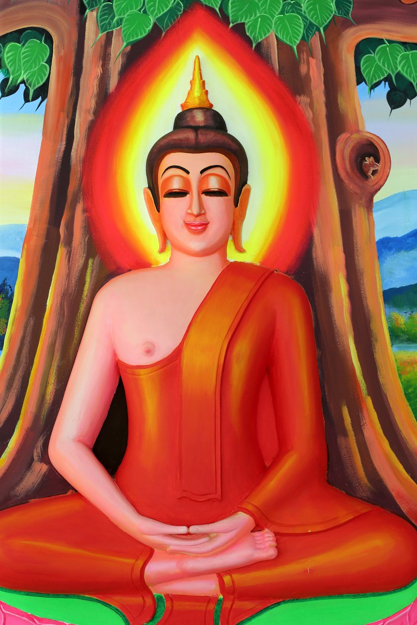 20151030, Vientiane, Laos : Wat Si Muang (Simuong) buddhalainen temppeli. Shakyamuni Buddhan elämäntarinaa kuvaava maalaus. Buddha istuu meditaatioasennossa Bodhi-puun alla tekijältä Unbekannt