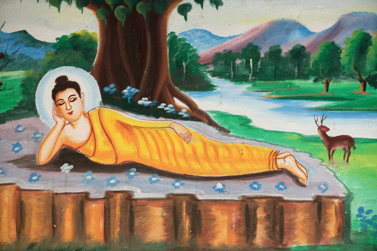 20151102, Vang Vieng, Laos : Shakyamuni Buddhan elämäntarinaa kuvaava maalaus. Makaava Buddha tekijältä Unbekannt