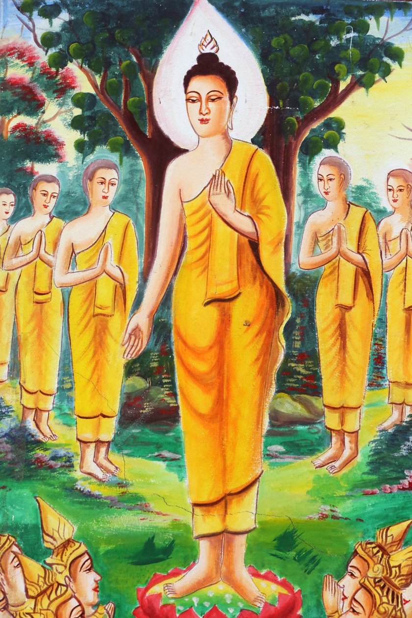 20151102, Vang Vieng, Laos : Shakyamuni Buddhan elämäntarinaa kuvaava maalaus. Buddha omistautui opettamiseen ja houkutteli satoja seuraajia tekijältä Unbekannt