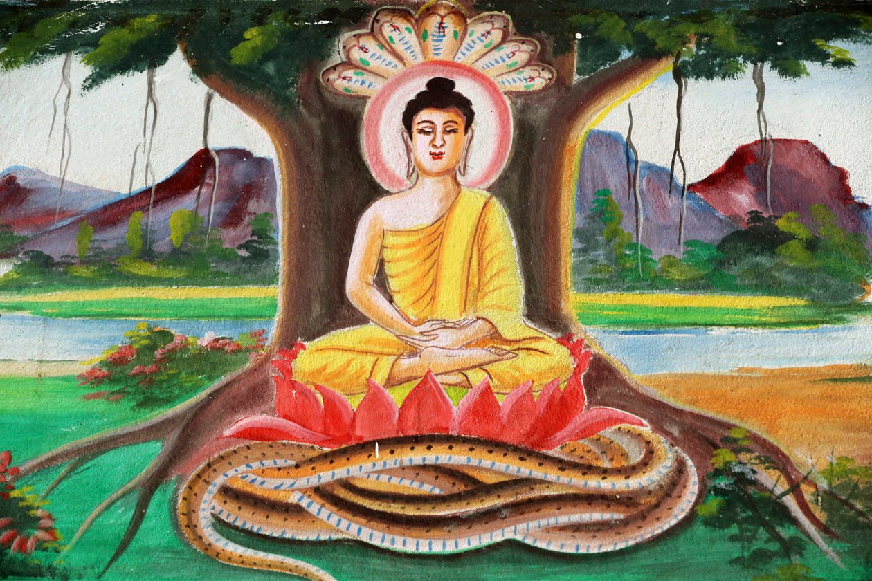 20151102, Vang Vieng, Laos : Shakyamuni Buddhan elämäntarinaa kuvaava maalaus. Buddha istuu meditaatioasennossa Bodhi-puun alla tekijältä Unbekannt