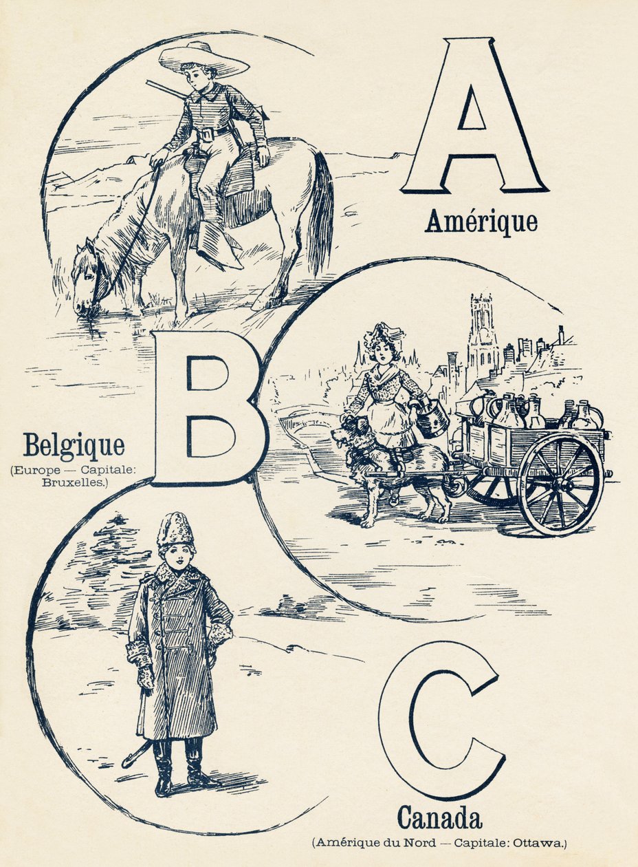 A B C: Amerikka, Belgia, Kanada - kahden maailman ABC. Emile Guerin, kustantaja, Pariisi, noin 1900. Mitat: 27,5 x 21,5 cm tekijältä Unbekannt