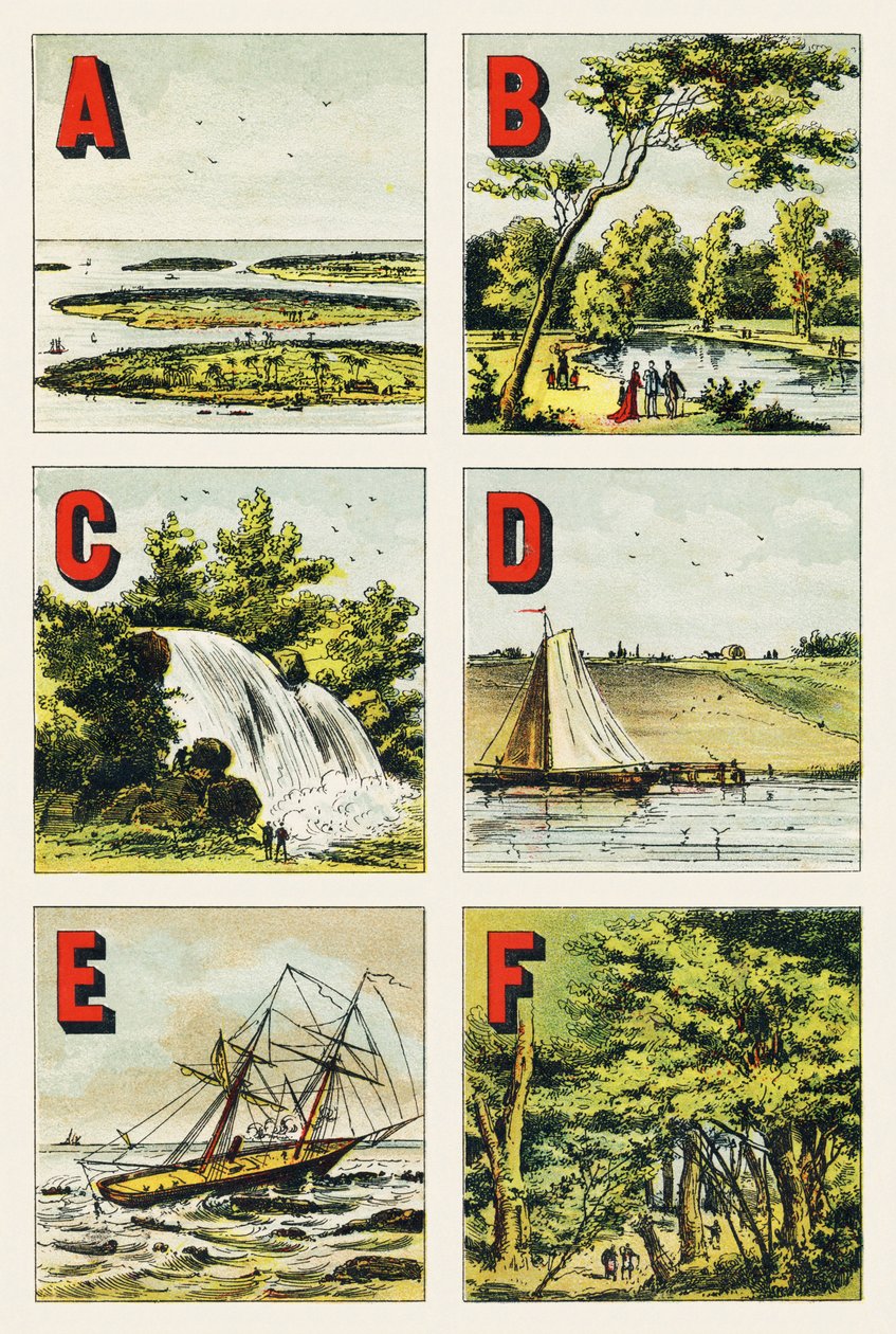 A B C D E F: saaristo, Bois de Boulogne, vesiputous, pato, riutta, Fontainebleaun metsä - Kaiverrus otettu maantieteellisestä aakkosesta. Guerin-Muller et Cie, kustantajat, Pariisi tekijältä Unbekannt
