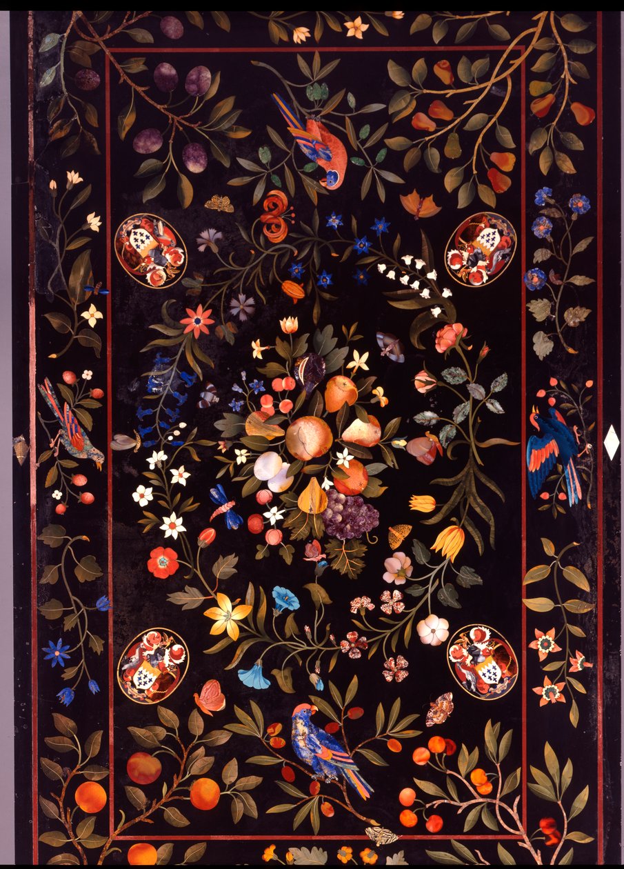 Firenzeläinen pietra dura -pöytälevy, jossa on erilaisia marmoria ja lapis lazulia, jonka keskellä on hedelmiä, n. 1670 tekijältä Unbekannt
