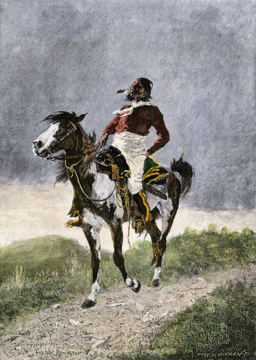 Rohkea komansseja, jotka matkustavat hevosen selässä eteläisillä preerioilla (Texas, Oklahoma, Yhdysvallat) noin vuonna 1800. Litografia tekijältä Unbekannter Künstler