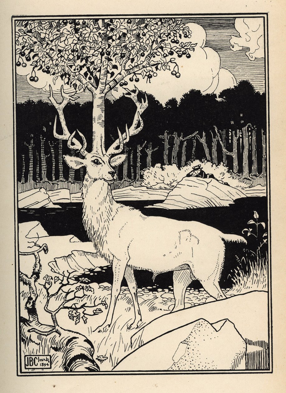 Kirsikkapuu hirven päässä, jota kirsikoiden keihäiden kivet koskettivat Baron de Munchausen. Kuvitus William Strang (1859-1921) ja JB Clark Rudolf Erich Raspen teoksesta Munchausenin (Munchhausenin) paronin seikkailut (1736- tekijältä Unbekannt