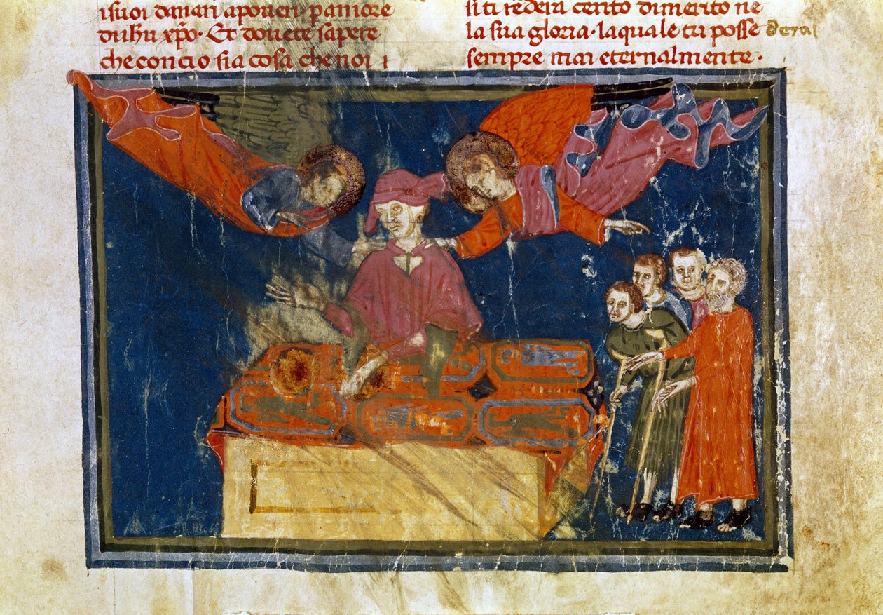 Ryhmä heikkokuntoisia ihmisiä ja herra, joka tekee laupeudentyötä antamalla heille apua. Miniatyyri on peräisin teoksesta "The Works of Merciord" (ms. II, VI tekijältä Unbekannter Künstler