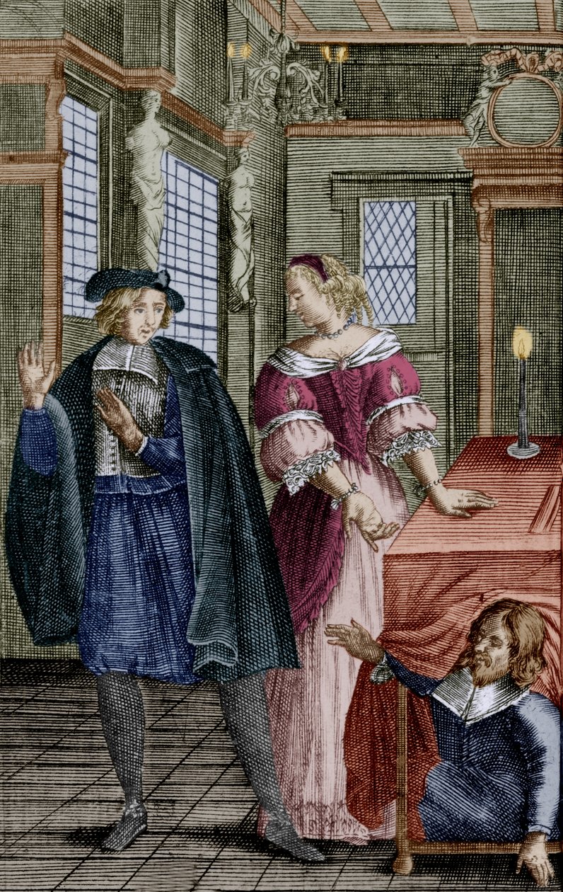 Kohtaus Molieren näytelmästä "Tartuffe" (1664), jossa Orgon (pöydän alla), Elmire, hänen vaimonsa, ja Tartuffe, kaiverrus. tekijältä Unbekannter Künstler
