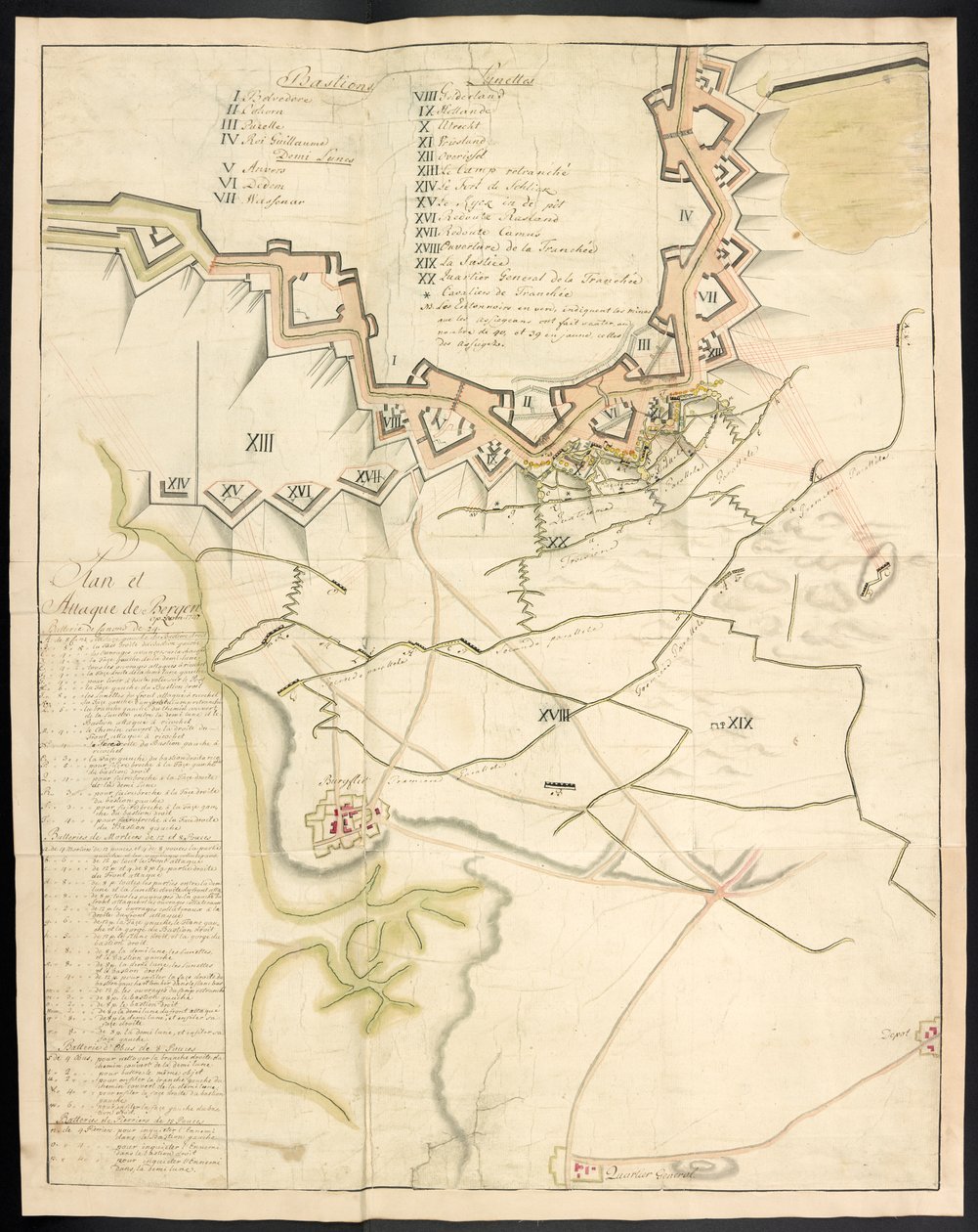 Sävytetty suunnitelma piiritystöistä. Ranskan kirjoittama lehti Bergen op Zoomin piirityksestä vuonna 1747; jota edelsi selvitys Ranskan tykistöjen tilasta tuolloin. tekijältä Unbekannter Künstler