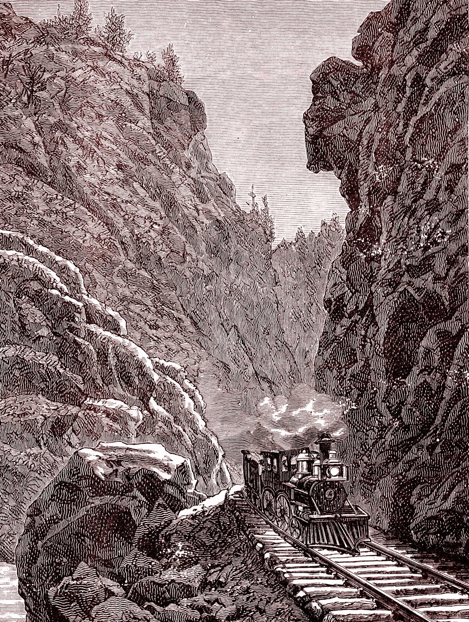 Juna ylittää Coloradon vuoret. Yhdysvallat vuonna 1886 (kaiverrus). tekijältä Unbekannter Künstler